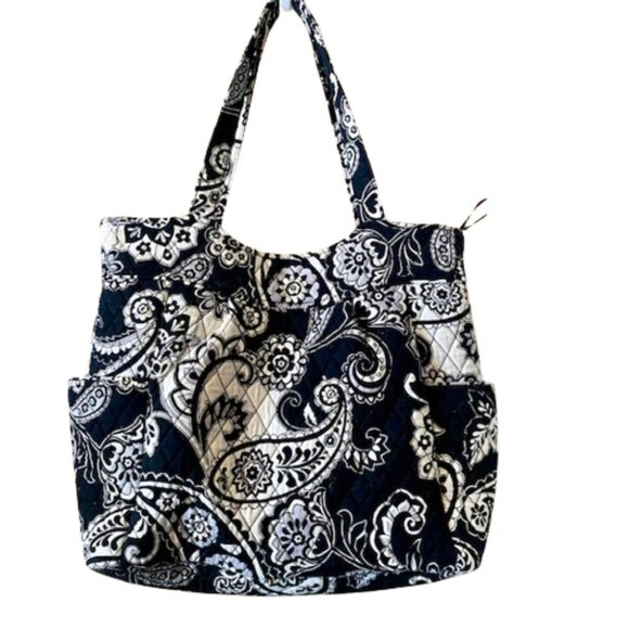 Vera Bradley Large Shoulder Tote Midnight Paisley Black White Retired Pattern - Picture 3 of 4